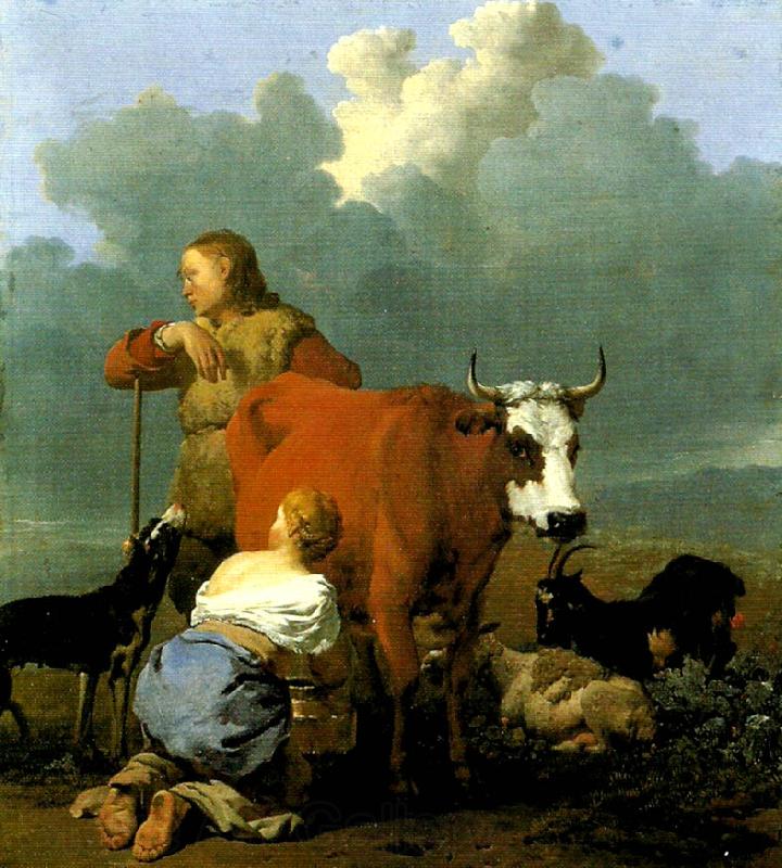 Karel Dujardin bondflicka mjolkande en ko Norge oil painting art